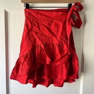 Maje Vibrant Red High-Low Wrap Skirt with Ruffle